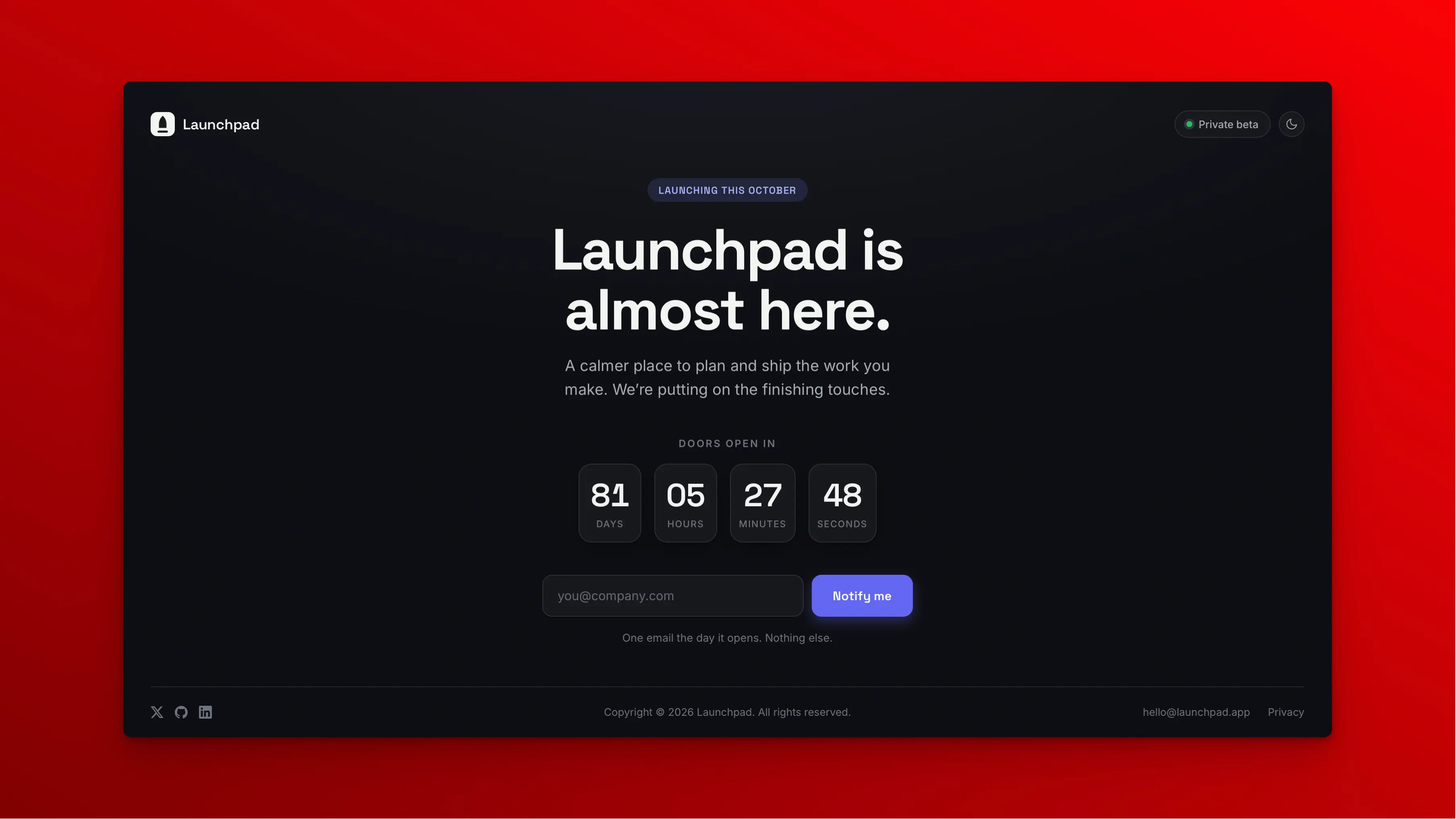 Launchpad — Free Next.js Coming Soon & Waitlist Template preview